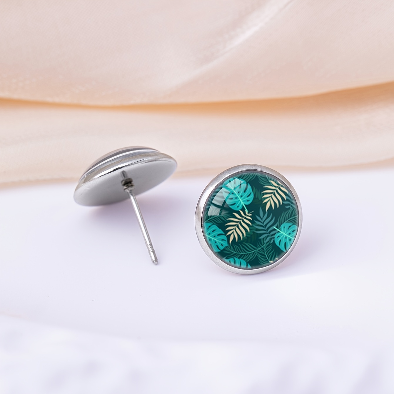 Dark Green Palm Turtle Leaf Pattern Round Ear Studs for Men